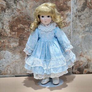 Vintage Porcelain Doll Blonde Curly Hair Blue Eyes Light Blue Dress White Lace T
